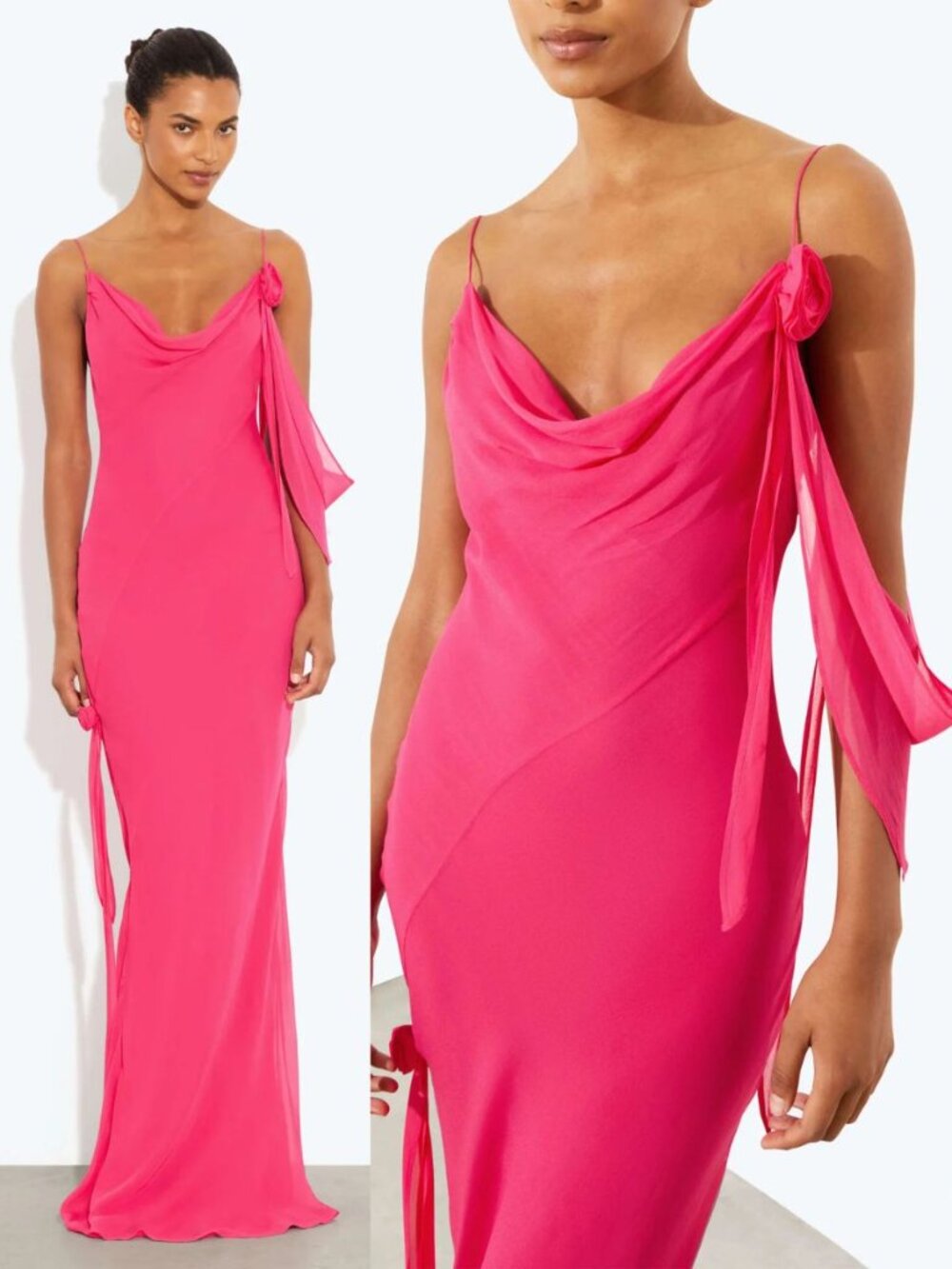 Rat & Boa Sirena Dress Pink Rosette Draped Georgette Slip Maxi NWT Size XL